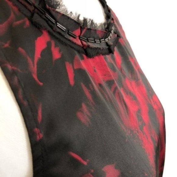 Dana Buchman Black Floral Watercolor Ruffle Beaded Neckline Work Blouse Tank Top - Picture 7 of 7